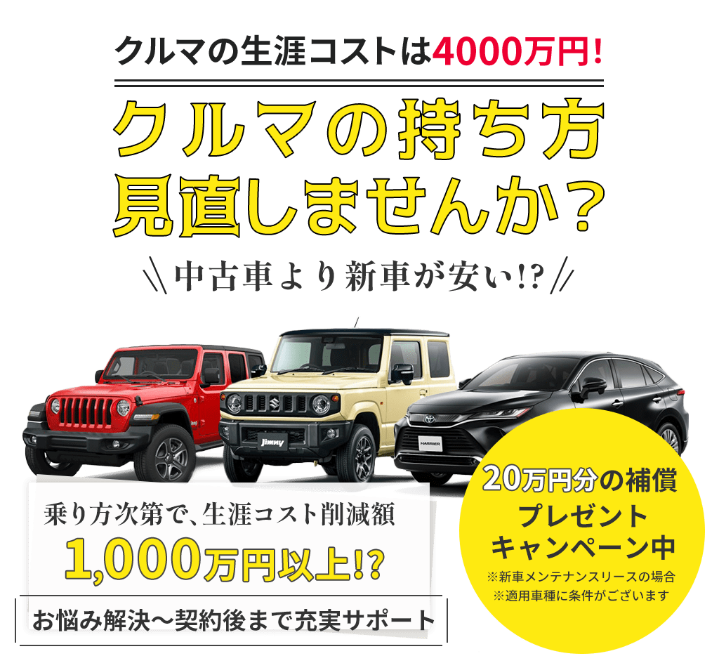 クルマの生涯コストは4000万円！クルマの持ち方見直しませんか？中古車より新車が安い!?乗り方次第で、生涯コスト削減額1,000万円以上!?お悩み解決～契約後まで充実サポート20万円分の補償プレゼントキャンペーン中※新車メンテナンスリースの場合※適用車種に条件がございますお悩み解決～契約後まで充実サポート